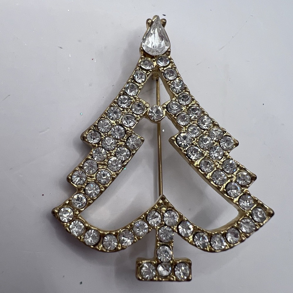 Vtg Christmas Tree brooch pin gold tone rhinestone holiday Sparkles